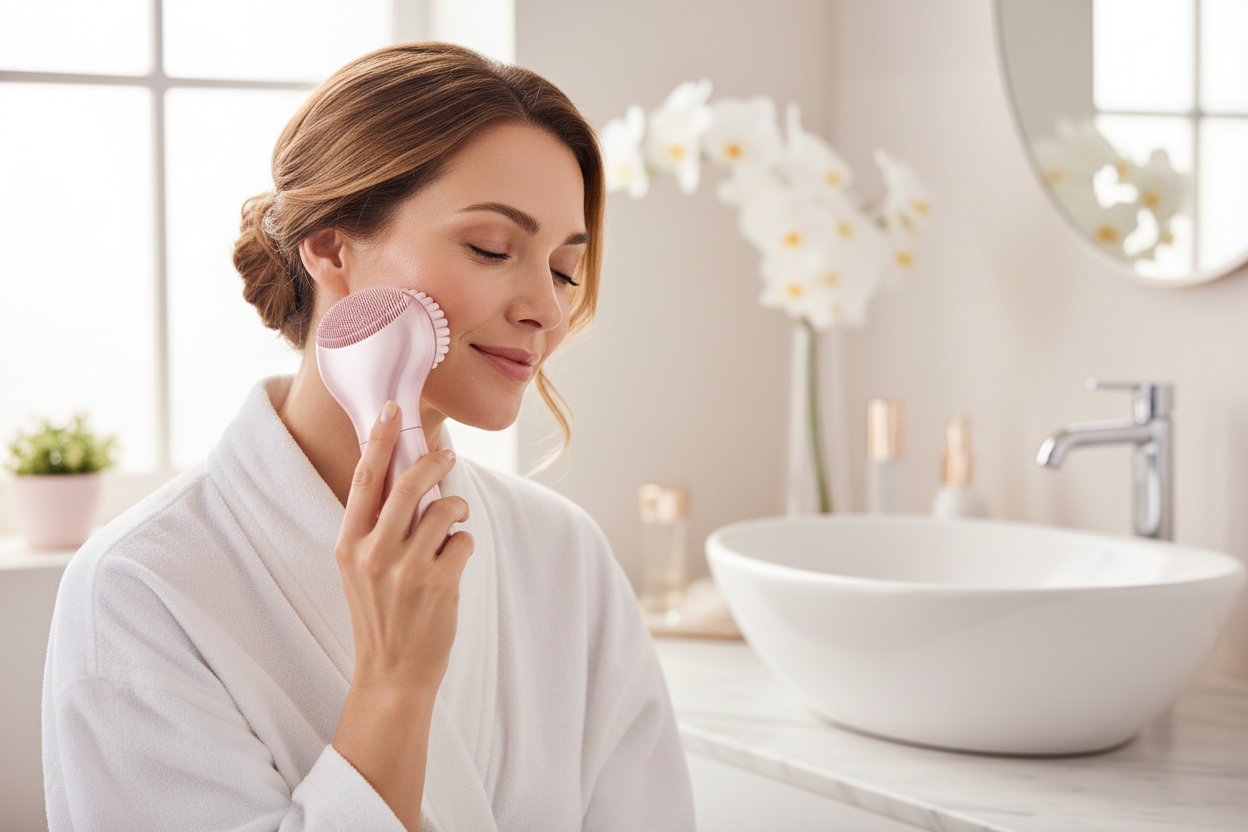Femme utilisant une brosse nettoyante visage électrique